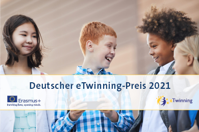 Vier lachende Kinder, davor Schriftzug "Deutscher eTwinning-Preis 2021"
