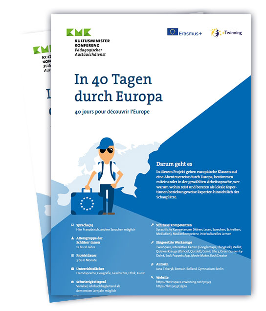 Cover "In 40 Tagen durch Europa" mit Grafik einer Figur mit Rucksack und Koffer vor Europakarte