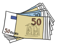 Zeichnung von übereinander liegenden Geldscheinen, oben mit Aufschrift 50 Euro.
