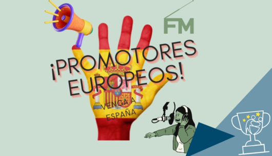 Eine Hand mit spanischer Flagge auf der Handfläche. Darüber der Schriftzug "Promotores Europeos!"
