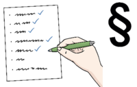 Zeichnung einer Liste, neben der eine Hand mit Stift zu sehen ist, die etwas abhakt, weil es erledigt ist.