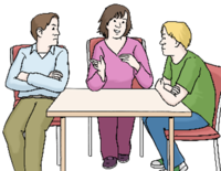 Zeichnung von drei Personen an einem Tisch. Links und rechts sitzen Männer, die unzufrieden aussehen. In der Mitte eine Frau, die etwas erklärt und mit den Händen zeigt.