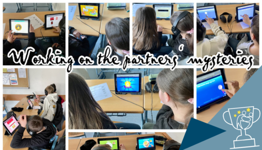 Eine Collage aus mehreren Fotos. Kinder sitzen vor Computern und Tablets, einigen haben Kopfhörer auf. Darüber der Schriftzug "Working on the partners' mysteries".