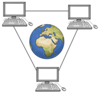 Zeichnung einer Weltkugel mit drei Computern, die im Dreieck um die Weltkugel angeordnet sind.