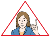 Zeichnung eines roten Dreiecks, das wie ein Verkehrsschild aussieht. Darin eine Frau, die den Zeigefinger hochhält um "Achtung!" zu sagen