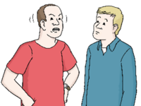 Zeichnung von zwei Männern, die sich gegenüber stehen. Der eine schüttelt den Kopf und sieht unzufrieden aus.