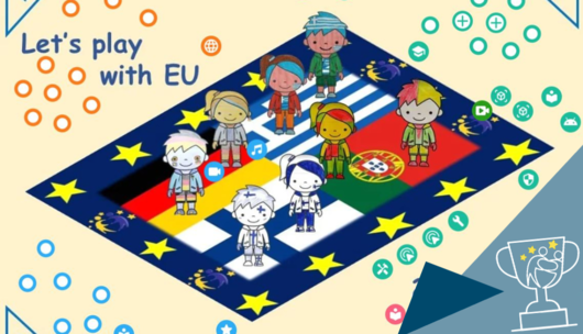 Ein Spielbrett in mit den Flaggen von Deutschland, Griechenland, Finnland und Portugal. Darauf stehen acht Kinder. Daneben der Schriftzug "Let's play with EU".