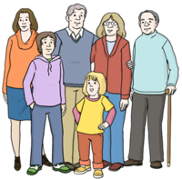 Zeichnung von vier Erwachsenen und zwei Kindern unterschiedlichen Alters, die nebeneinander stehen